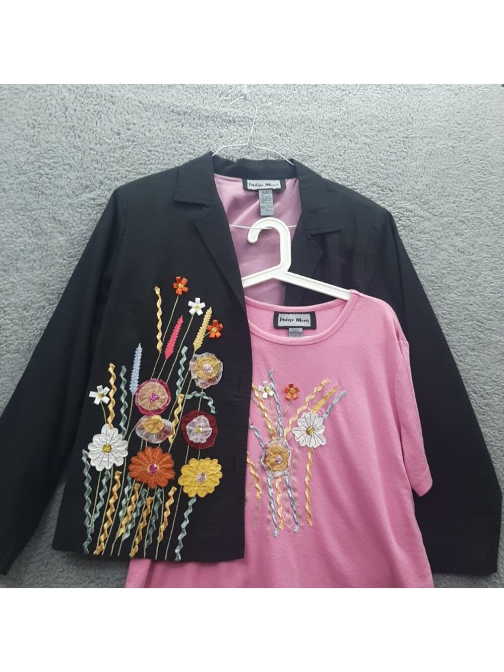 Indigo Moon Black Embroidered Jacket  Pink Floral Top Set womens L